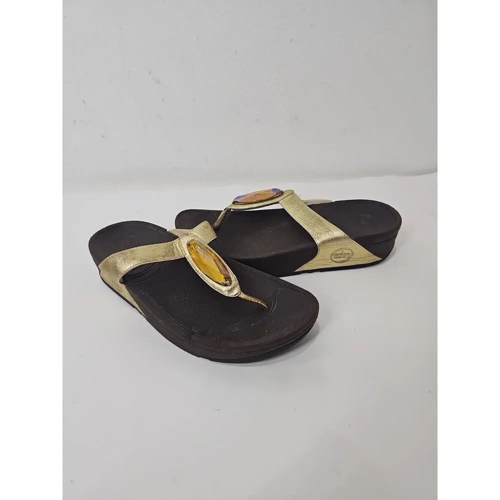 FitFlop Lulu Crystal Embellished Thong Sandals Sz 6 Gold Comfort Flip Flops